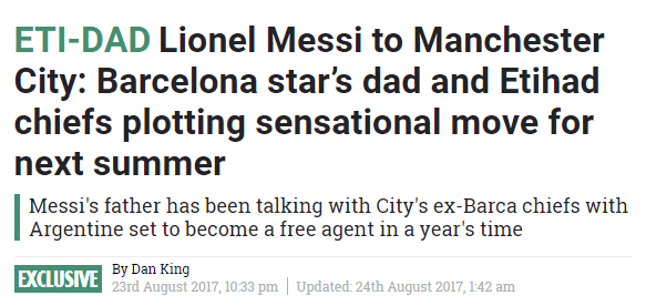 《太阳报》：梅西父亲同曼城高层进行了接触