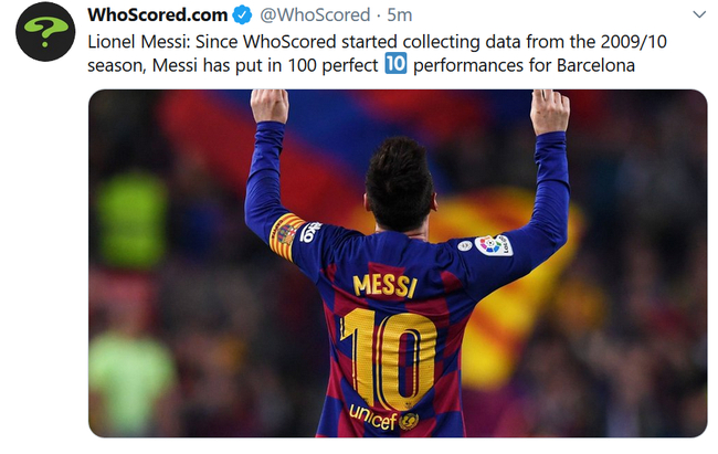 梅西第100次得到10分