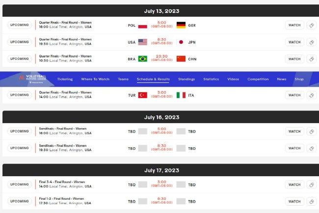 2023年世界女排联赛总决赛详细赛程发布 中国巴西争进4强！