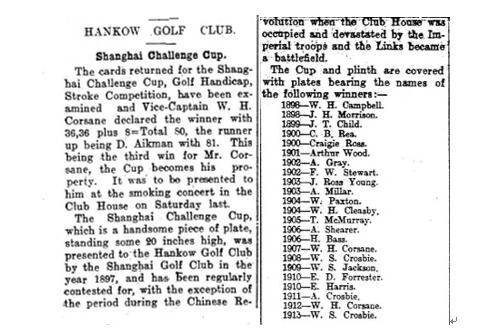 1898-1913年汉口高尔夫俱乐部上海挑战杯得奖名单