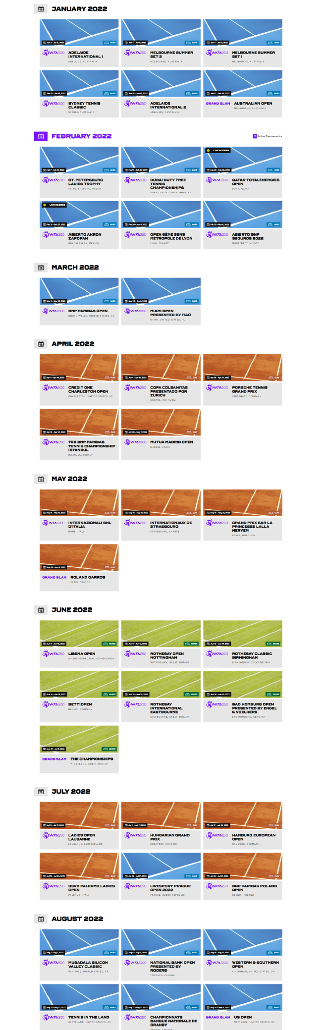 WTA更新了2022赛季的赛历