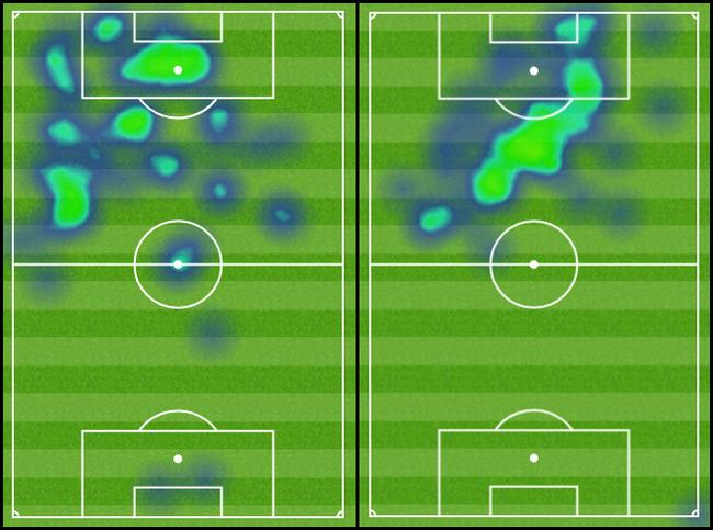 C罗（左）和莱万（右）的热区图对比