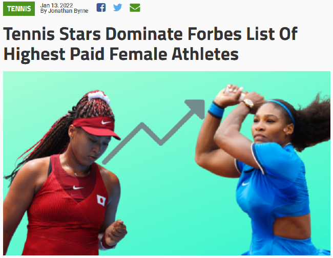 大坂直美领衔2021年度女运动员收入排行榜