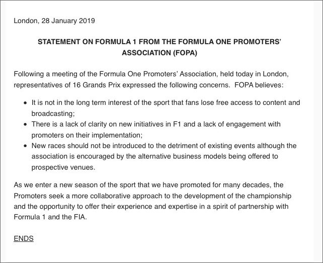 F1推广人协会（FOPA）发布的一份声明