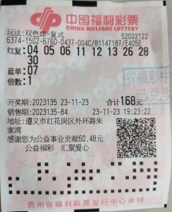 11月23日晚,中国福利彩票游戏双色球第2023135期开奖,开出中奖号码