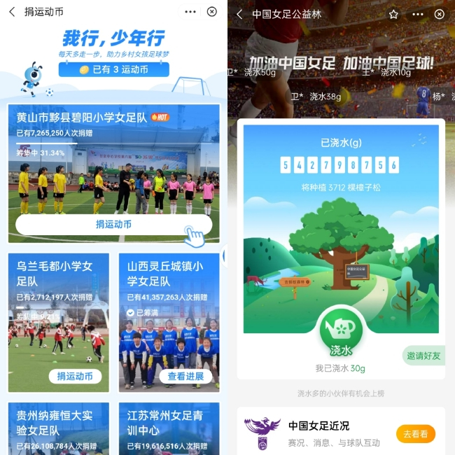 支付宝用户通过低碳行为为女足公益林浇水、运动捐步支持中国女足
