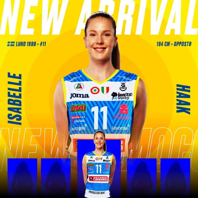 意甲科内利亚诺女排官宣瑞典接应哈克加盟