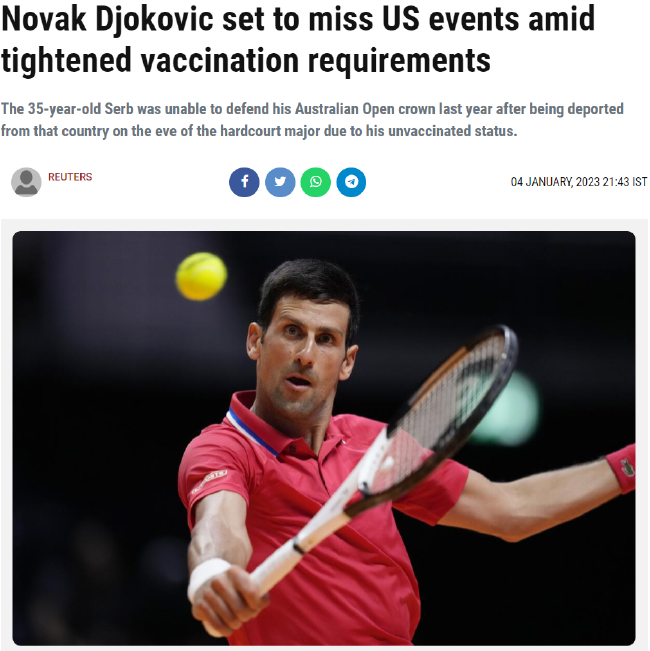 德约科维奇因接种疫苗问题将缺席阳光双赛