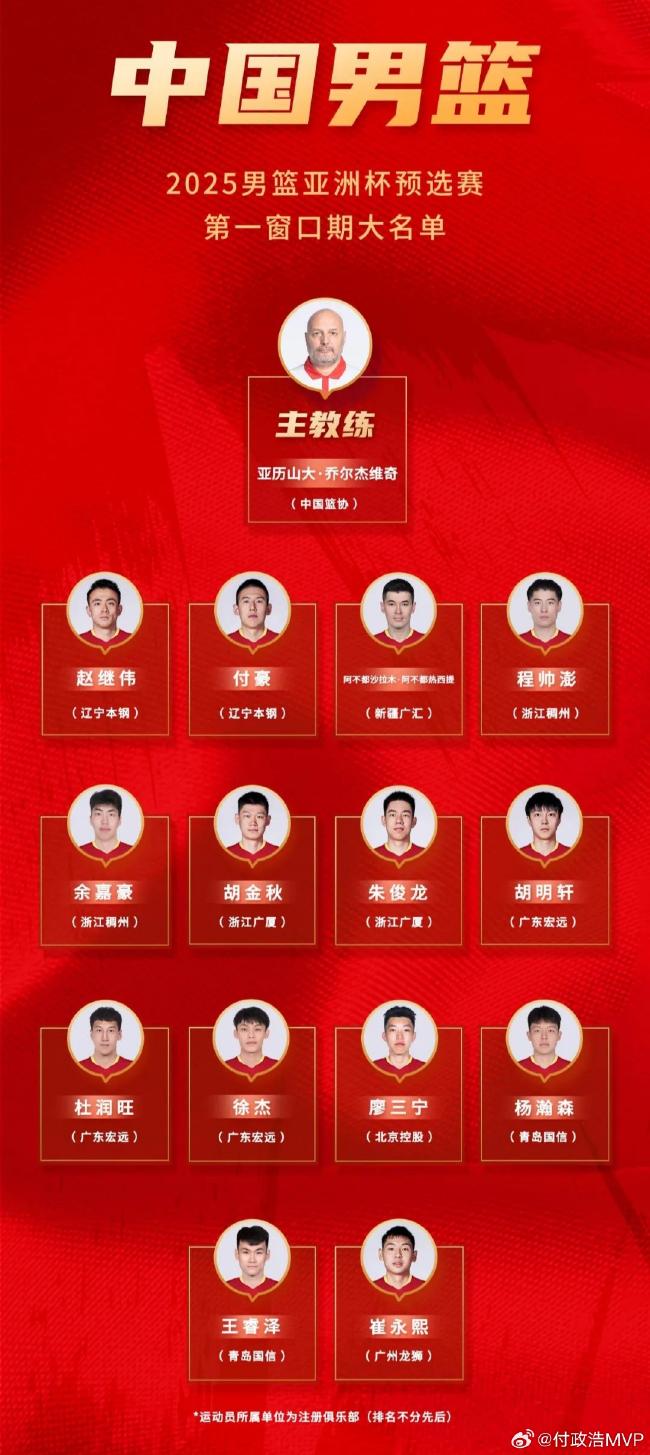 中国男篮亚预赛名单
：赵继伟领衔 周琦未入选