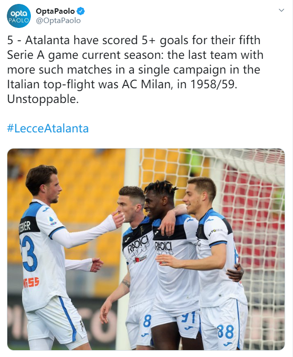 本赛季意甲已经5次单场进球至少5个