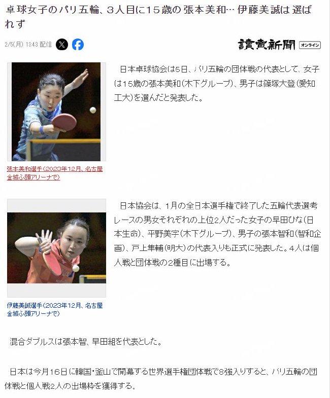 伊藤美诚无缘巴黎奥运会 张本智和兄妹将携手出征