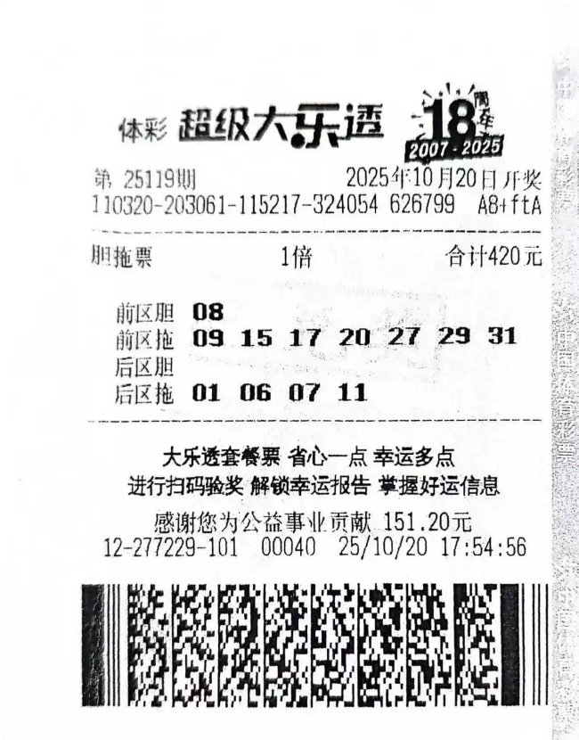 男子胆拖票擒大乐透1084万 最近才开始守号