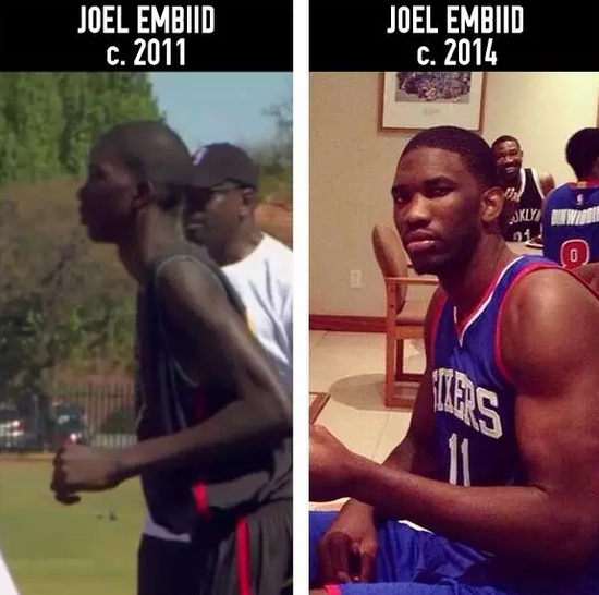 恩比德在instagram上晒出17岁时的对比照片，那时他刚刚开始学打篮球。