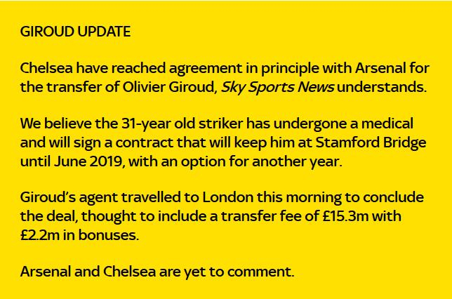 《天空体育》关于吉鲁加盟切尔西的截屏