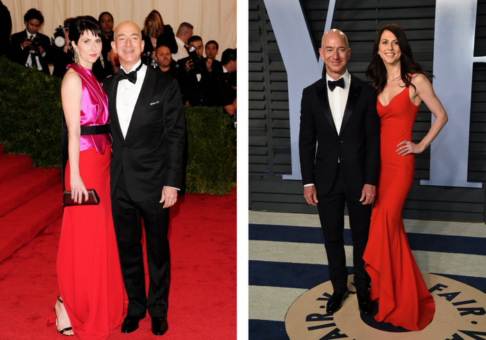 &nbsp;贝索斯夫妇参加2012年的Met Gala，图左；贝索斯夫妇在2018年举办的《名利场》奥斯卡宴会上，图右。