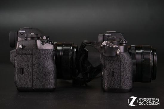 富士X-H1与X-T2机身右侧对比，能明显看出手柄部分的区别