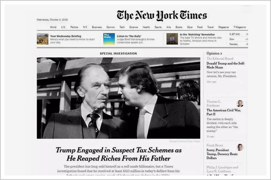 ▲《纽约时报》对特朗普家族偷漏税的报道&nbsp;来源：纽约时报官网