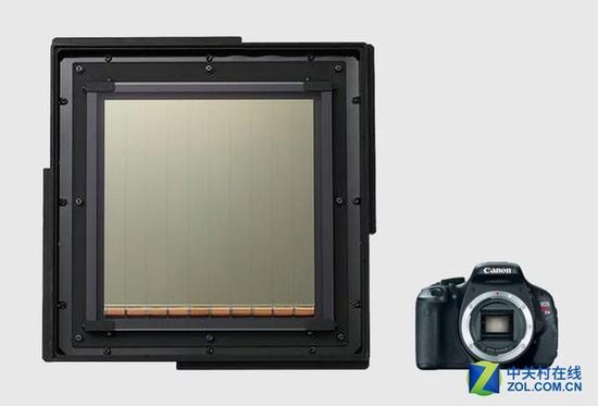 佳能公布的新型号超大CMOS传感器（作为对比，右侧为佳能EOS&nbsp;800D相机体积）