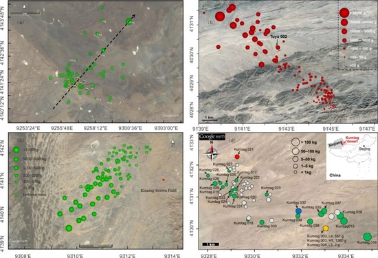 　　（a）Alatage Mountain 001陨石雨的分布（Li et al。， 2021）；（b）三峰山陨石雨的分布（李世杰等，2017）；（c）Kumtag陨石雨的分布（Du et al。， 2021）；（d）Kumtag 016陨石雨的分布（Zeng et al。， 2018）