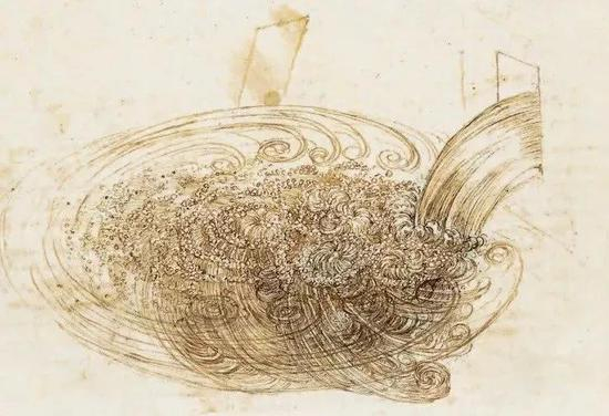 　　达·芬奇手稿中对水流的研究。| 图片来源：The Royal Collection @2004，Her Majesty Queen Elizabeth II