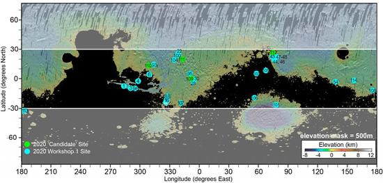 符合初筛条件的候选着陆点 |&nbsp;NASA Mars 2020第一次研讨会