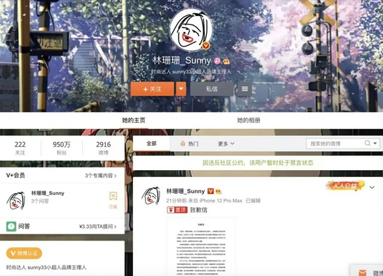 雪梨和林珊珊微博均已被禁言 来源 / 微博