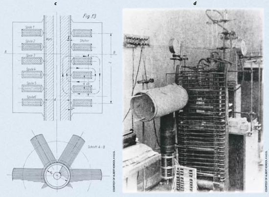 爱因斯坦与西拉德设计的电磁式压缩机原理图（左）及实物图（右）来源 |&nbsp;Alefeld G。 Einstein as inventor [J]。 Physics Today， 1980， 33（5）： 9-13