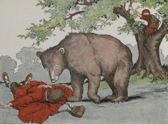 《伊索寓言》插画之“熊和两个旅人”,作者:米罗·温特尔,图源:维基百科“熊和两个旅人”条目