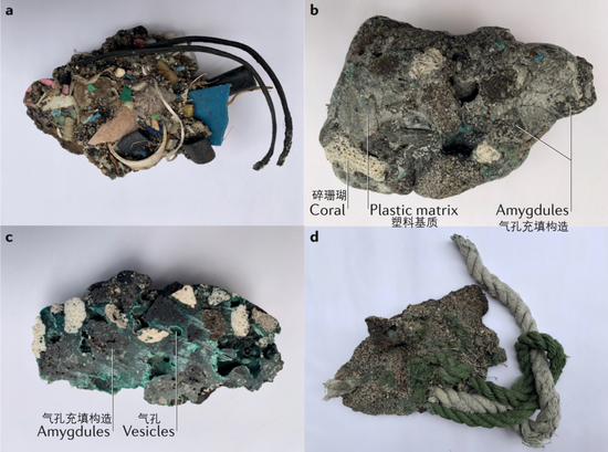 Plastiglomerate，一种当代形成的全新岩石&nbsp;| 这个单词来源于塑料（plastic）和砾岩（conglomerate），用来描述在自然火场中融化的塑料将一些砂石、贝壳或其他生物硬体，及其他人造物质粘合起来的产物，也许可以翻译为“塑化砾岩”。它质地比较坚硬，也许可以作为“技术化石”，在自然界里存在很久。图源@文献[45]