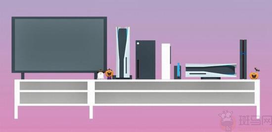 客厅模拟图，从左至右为PS5光驱版竖放、XSX、XSS、NS、PS5光驱版横放、PS4