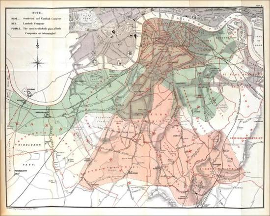 1854–1855年间the Lambeth和the Southwark and Vauxhall的供水分布情况。图片来源：the second edition of John Snow‘s On the Mode of Communication of Cholera （published by J Churchill， 1855）