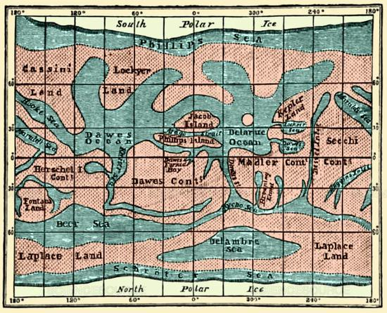 1864年，英国天文学家普罗克特出版的火星地图。（注：此时的火星地图均为“上南下北，左东右西”）