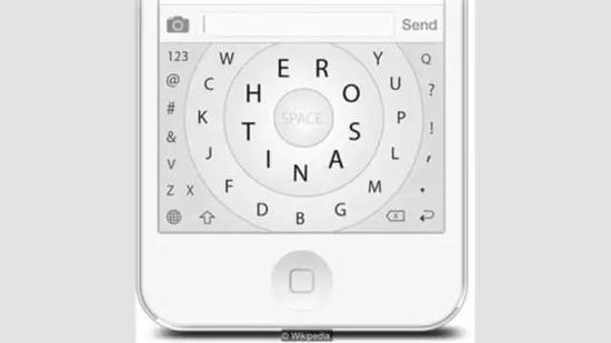 基于拇指打字的Hero键盘模式，让最常用的字母位于中间一圈。图片来源：Wikipedia