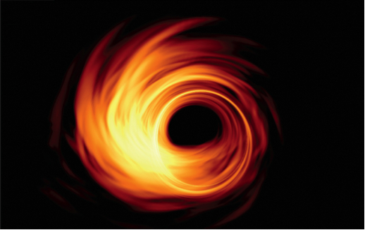 图五：视界面望远镜可能得到的计算机模拟黑洞图像，因为黑洞的转动效应，黑洞左侧较亮