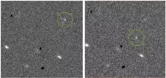 2010年9月16日晚，PS1相隔15分钟拍摄的2010 ST3小行星的两张照片（来源：PS1团队）