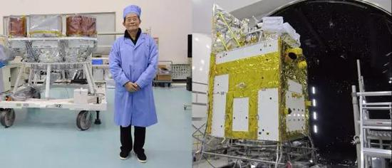  左图：HXMT望远镜交付前，项目提出人及前首席科学家李惕碚院士跟望远镜合影。右图：热真空实验前的整星照片，望远镜位于卫星的上部