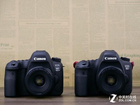 安装镜头后二者对比，能看出6D&nbsp;II机顶线条的变化