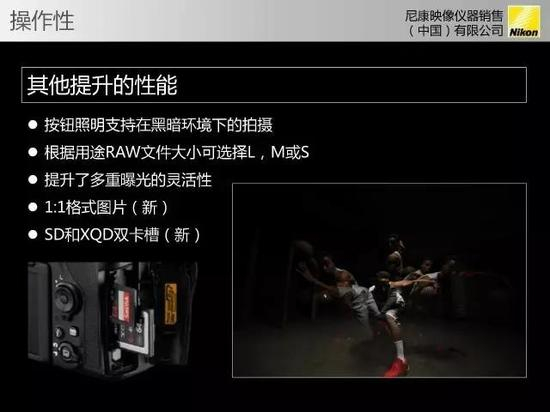 采用了SD与XQD双卡槽，PPT里的其他功能也是第一次加入