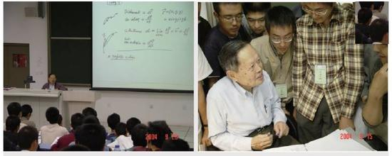 　　图5 杨振宁先生在清华大学给大一学生上课。左图是他在课堂边讲边写教学内容投影到屏幕上；右图是课间学生围着杨先生请教问题