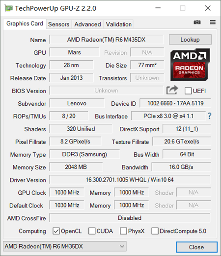 ▲R6 M435DX GPU-Z信息
