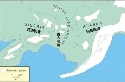 绿色为白令陆桥的大致范围，此时的白令海峡是不存在的。黑线标出了现今的西伯利亚与阿拉斯加范围|Scott Elias/www.nps.gov