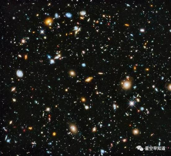 　　“哈勃超深场”图像。当你看着这张照片，你正在回溯宇宙的历史。这张照片里的每一个点都是一个星系，其中很多出现在宇宙年龄仅有4亿~6亿年的时期。是的，你的目光看到了100多亿年前的画面，而那时，连太阳系都还不存在，遑论地球，或是你 &nbsp;来源：NASA/Hubblesite.org