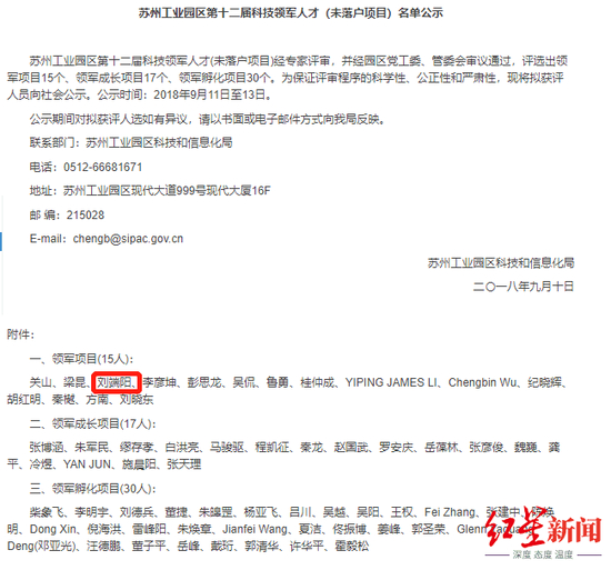 ▲苏州工业园区第十二届科技领军人才（非落户项目）名单公示中出现刘端阳