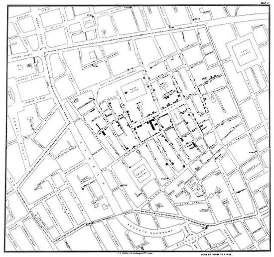 　1853年，斯诺所著的&nbsp;On the Mode of Communication of Cholera&nbsp;一书中绘制的宽街霍乱死亡病例地图。图片来源：wikipedia