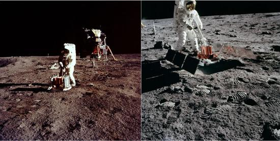奥尔德林在装配（左）和调整（右）月震仪来源：NASA