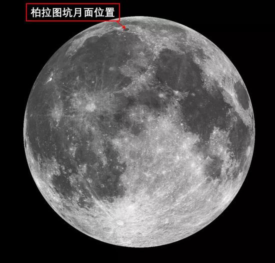 柏拉图坑月面位置 中心地理坐标为：北纬51.6°，西经9.3°