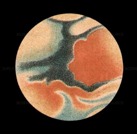 1858年，西奇绘制了人类第一张彩色的火星图，浅色象征陆地，深色代表海洋。