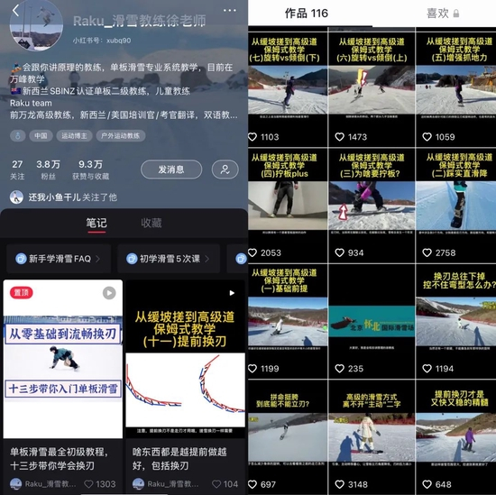 徐老师在小红书和抖音分享的内容&nbsp;来源：Raku_滑雪教练徐老师