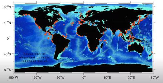 　全球出现内波的地方。图片来源：Cornell Civil and Environmental Engineering