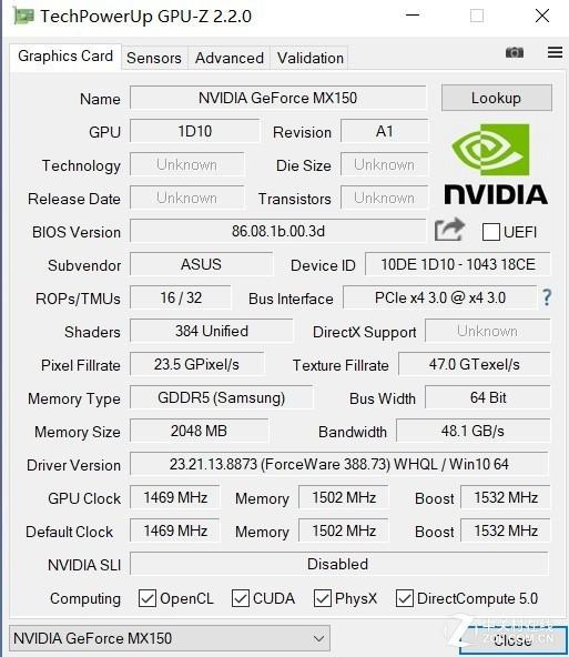 满血版MX150的GPU-Z信息